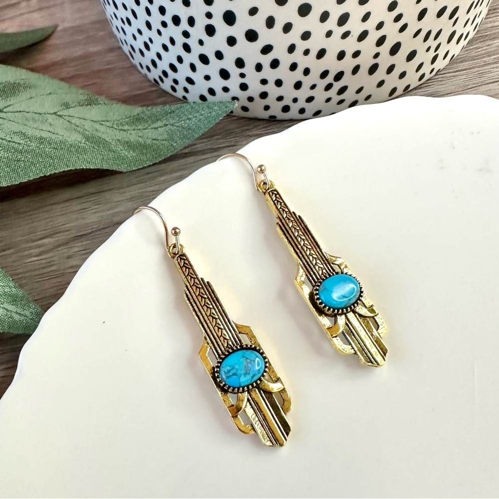 2/$30🌵 Gold Turquoise Stone Art Deco Earrings Vintage Style Gatsby Jewelry NEW